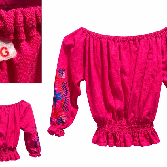 Vibrant Pink Embroidered Off-Shoulder Top - Picture 2 of 3